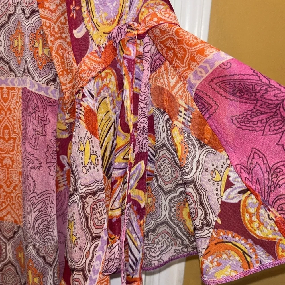 GEORGE BRAND BRIGHT COLORS KIMONO PINKS/ORANGE/PURPLE BELL SLEEVES WITH TIES